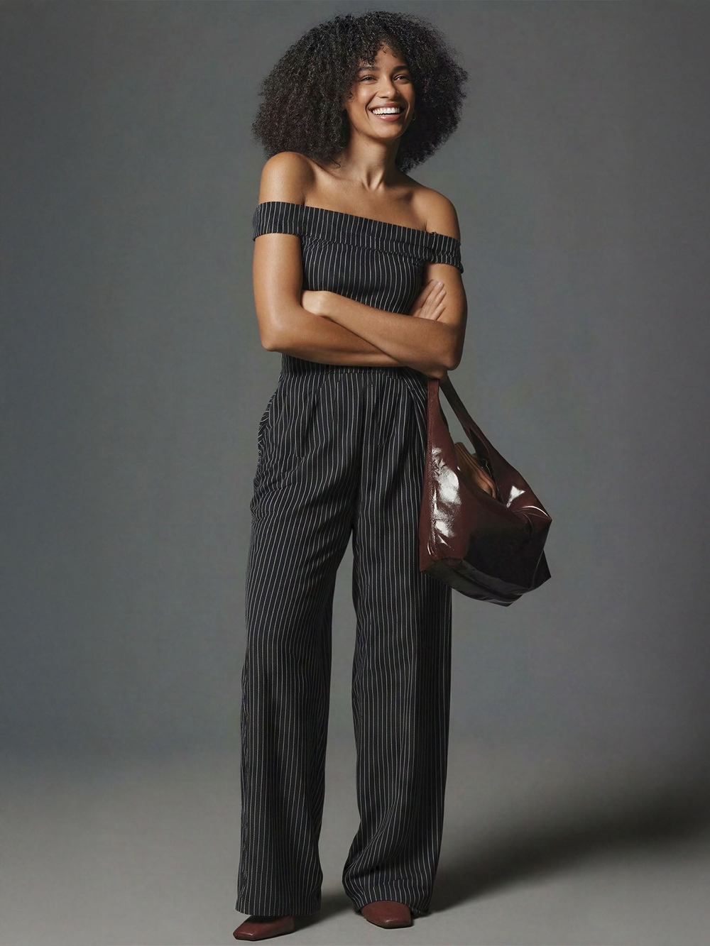 Dark Navy Blue Lumiere Black Pinstripe Off-Shoulder Jumpsuit